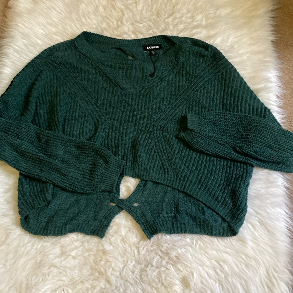 Express Green Crew Neck Sweater with Ribbed Texture